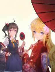 Rule 34 | 2girls, black hair, blonde hair, blue eyes, blush, bow, breasts, cha (pixiv12794171), closed mouth, dress, flower, hair bow, hair flower, hair ornament, hand fan, highres, holding, holding umbrella, japanese clothes, kimono, large breasts, long hair, looking at viewer, multiple girls, oil-paper umbrella, original, purple eyes, red bow, short hair, short ponytail, side ponytail, smile, umbrella