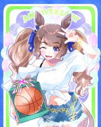 1girl animal_ears basketball brown_hair casual chiffon collarbone commentary_request fingernails gift hair_between_eyes hair_ornament horse_girl long_hair looking_at_viewer open_mouth shorts simple_background solo tosen_jordan_(umamusume) twintails umamusume