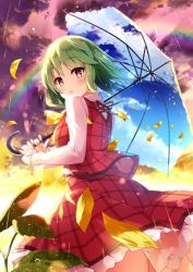 Rule 34 | 1girl, after rain, ascot, black bow, blue sky, blush, bow, breasts, cloud, cloud print, cloudy sky, commentary request, fingernails, frills, green hair, hair between eyes, hands up, holding, holding umbrella, kazami yuuka, leaf, long fingernails, long sleeves, looking at viewer, medium breasts, miyase mahiro, nail polish, open mouth, petals, pink nails, plaid, plaid skirt, plaid vest, purple sky, rainbow, red skirt, red vest, shirt, short hair, skirt, sky, sky print, solo, standing, sun, sunlight, sunset, touhou, umbrella, vest, white shirt, yellow ascot, yellow eyes, yellow sky