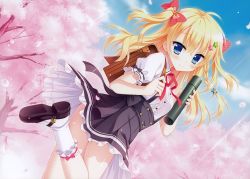 Rule 34 | 1girl, absurdres, bag, black skirt, blonde hair, blue eyes, bow, cherry blossoms, day, diploma, dutch angle, floating hair, flower, hair bow, hair flower, hair ornament, highres, holding, leg up, long hair, looking at viewer, mary janes, moribe (rabumanyo), neck ribbon, original, outdoors, pleated skirt, polka dot, polka dot ribbon, red bow, red ribbon, ribbon, shirt, shoes, short sleeves, skirt, smile, solo, striped ribbon, tree, two side up, white legwear, white shirt