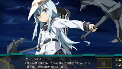 Rule 34 | &gt;:|, 10s, 1girl, :|, anchor, blue eyes, blue hair, closed mouth, fake screenshot, flat cap, gradient background, hat, heavens thunder (byakuya-part2), hibiki (kancolle), highres, kantai collection, long hair, long sleeves, outstretched arms, sailor collar, school uniform, serafuku, solo, srw battle screen, super robot wars, translation request, v-shaped eyebrows, verniy (kancolle)