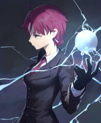 Rule 34 | 1girl, bazett fraga mcremitz, black gloves, black suit, breasts, coat, collared shirt, dress shirt, fate/hollow ataraxia, fate (series), formal, gloves, grey coat, highres, large breasts, long sleeves, mole, mole under eye, necktie, parted bangs, red eyes, red hair, red necktie, shirt, short hair, suit, tesin (7aehyun), white shirt