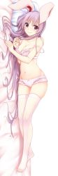 Rule 34 | 1girl, animal ears, bed sheet, bra, breasts, cleavage, collarbone, highres, hisae (hisae collect), long hair, looking at viewer, lying, medium breasts, navel, on side, panties, pillow, pink bra, pink panties, purple hair, rabbit ears, red eyes, reisen udongein inaba, see-through, smile, solo, stomach, strap slip, thighhighs, touhou, underwear, underwear only, very long hair, white thighhighs
