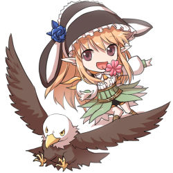 Rule 34 | 1girl, :d, belt, bird, black headwear, black shorts, blonde hair, blue flower, bonnet, boots, breasts, brown belt, brown eyes, brown footwear, chibi, commentary request, detached sleeves, eagle, flower, flower in mouth, full body, long hair, looking at viewer, medium breasts, natsuya (kuttuki), official alternate costume, open mouth, outstretched arm, pink flower, pointy ears, ragnarok online, ranger (ragnarok online), rose, scarf, short shorts, shorts, simple background, skirt, smile, solo, underbust, white background, white skirt, white sleeves, yellow scarf