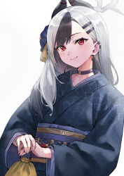 Rule 34 | absurdres, bag, black choker, black hair, black kimono, blue archive, blush, choker, closed mouth, ear piercing, fairxw, hair ornament, halo, highres, holding, holding bag, horns, japanese clothes, kayoko (blue archive), kayoko (new year) (blue archive), kimono, long hair, long sleeves, looking at viewer, multicolored hair, obi, piercing, pouch, red eyes, sash, simple background, smile, tassel, two-tone hair, upper body, white background, white hair, wide sleeves