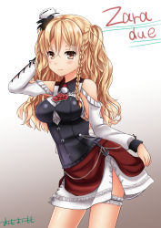 Rule 34 | 10s, 1girl, armpits, bare shoulders, blonde hair, blush, braid, breasts, bridal garter, brown eyes, character name, commentary request, corset, french braid, hand up, hat, highres, kantai collection, large breasts, long hair, long sleeves, machinery, medium breasts, mini hat, miniskirt, omoomomo, skirt, smile, solo, wavy hair, zara (kancolle), zara due (kancolle)