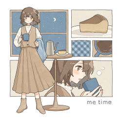Rule 34 | 1girl, ankle socks, blush stickers, border, brown eyes, brown hair, brown skirt, brown socks, brown vest, buttons, closed mouth, coffee, commentary, crescent moon, cup, dot nose, drink, expressionless, fingernails, food, hands up, high-waist skirt, highres, holding, holding clothes, holding cup, holding drink, holding scarf, long skirt, long sleeves, looking to the side, moon, mug, multiple views, nahara saki, no shoes, original, outside border, parted lips, pie, plate, pleated skirt, profile, round table, scarf, short hair, skirt, socks, standing, steam, sweater, table, teapot, unworn scarf, vest, white border, white sweater, wooden table