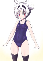 Rule 34 | 1girl, ahoge, alternate hair length, alternate hairstyle, breasts, covered navel, double bun, forehead jewel, highres, huge ahoge, johan (johan13), one-piece swimsuit, red eyes, short hair, small breasts, solo, swimsuit, thighhighs, under night in-birth, vatista, white hair