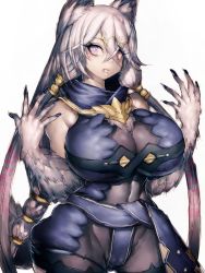 Rule 34 | 1girl, animal ears, atelier (series), atelier ryza, atelier ryza 1, bare shoulders, breasts, cleavage, commentary request, covered navel, fang, fingernails, fumio (rsqkr), fur, heterochromia, highres, huge breasts, lila decyrus, long fingernails, long hair, looking at viewer, nail polish, purple eyes, red eyes, sharp fingernails, silver hair, simple background, solo, very long fingernails, very long hair, white background, wolf ears