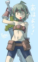 Rule 34 | 1girl, ahoge, arm up, belt bra, bike shorts, disgaea, female warrior (disgaea), flat chest, gloves, green eyes, green hair, headband, highres, looking at viewer, navel, open mouth, oyster (artist), pointy ears, short hair, simple background, solo, sword, weapon