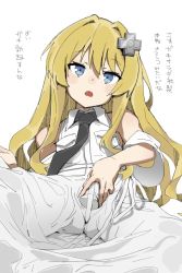 Rule 34 | 1girl, black necktie, blonde hair, blue eyes, dress, ettone, hair ornament, highres, kisaragi alice, long hair, looking at viewer, necktie, open mouth, sentouin hakenshimasu!, simple background, solo, spread pussy under clothes, translation request, white background, white dress