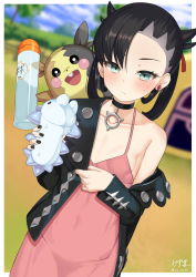 Rule 34 | 1girl, :d, asymmetrical bangs, black choker, black eyes, black hair, black nails, blurry, blurry background, bottle, breasts, choker, closed mouth, collarbone, commentary request, creatures (company), day, depth of field, dress, dutch angle, earrings, fang, game freak, gen 8 pokemon, hair ribbon, holding, holding pokemon, jewelry, long hair, looking at viewer, lube, marnie (pokemon), morpeko, morpeko (full), nail polish, nintendo, off shoulder, open mouth, outdoors, oz ma33, pink dress, pokemon, pokemon (creature), pokemon swsh, red ribbon, ribbon, signature, single bare shoulder, single earring, small breasts, smile, snom, tent, twintails, twitter username, upper body