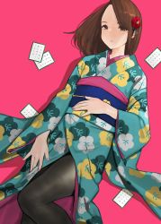 Rule 34 | 1girl, black pantyhose, brown eyes, brown hair, hair ornament, hanafuda, highres, japanese clothes, kimono, long hair, looking at viewer, lying, on back, original, pantyhose, parted lips, pink background, sash, shadow, simple background, solo, yomu (sgt epper)