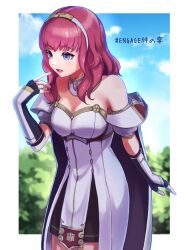 Rule 34 | 1girl, :d, bare shoulders, black gloves, blue eyes, blue sky, breasts, celica (fire emblem), cloud, commentary request, cowboy shot, day, dress, fingerless gloves, fire emblem, fire emblem echoes: shadows of valentia, gloves, hairband, highres, long hair, medium breasts, miran (olivine 20), nintendo, off-shoulder dress, off shoulder, open mouth, red hair, short sleeves, sky, smile, solo, standing, white dress, white hairband