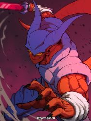 Rule 34 | 1boy, absurdres, black nails, colored sclera, colored skin, dragon ball, dragonball z, fingernails, highres, holding, holding sword, holding weapon, horang4628, horns, janemba, korean commentary, looking at viewer, male focus, nail polish, red eyes, red skin, sharp fingernails, smile, solo, sword, twitter username, weapon, yellow sclera