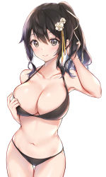 Rule 34 | 1girl, armpits, bad id, bad pixiv id, bare arms, bare shoulders, bikini, black bikini, black eyes, black hair, breasts, cleavage, closed mouth, collarbone, cowboy shot, cuna (qunya), flower, groin, hair between eyes, hair flower, hair ornament, halterneck, hand in own hair, hand on own chest, hand up, highres, large breasts, long hair, looking at viewer, navel, original, ponytail, sidelocks, simple background, smile, solo, standing, stomach, swimsuit, thigh gap, thighs, white background, white flower