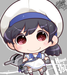 Rule 34 | 1girl, adapted turret, black hair, blue sailor collar, cannon, character name, chibi, depth charge, dress, hat, hiburi (kancolle), highres, kantai collection, kuroneko (kuroneko works), low ponytail, red eyes, rigging, sailor collar, sailor dress, sailor hat, short hair, short sleeves, smile, solo, white dress, white hat