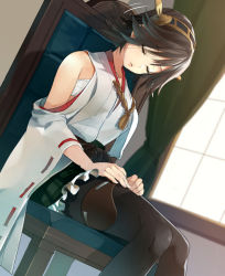 Rule 34 | 10s, 1girl, bare shoulders, black pantyhose, boots, brown hair, chair, detached sleeves, hairband, headgear, hiei (kancolle), japanese clothes, kantai collection, onbr, pantyhose, personification, ribbon-trimmed sleeves, ribbon trim, short hair, sitting, sleeping, sleeping upright, thighhighs, window