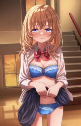 Rule 34 | 1girl, absurdres, blonde hair, blue bra, blue eyes, blue panties, blue skirt, blush, bow, bow bra, bow panties, bra, breasts, cleavage, clothes lift, commentary, cowboy shot, dress shirt, embarrassed, frown, half-closed eyes, harupuri913, heart, heart necklace, highres, indoors, jewelry, lifted by self, long sleeves, looking at viewer, medium breasts, medium hair, medium skirt, navel, necklace, open clothes, open shirt, original, panties, school uniform, shirt, skirt, skirt lift, solo, stairs, stairwell, standing, sweatdrop, twilight, underwear, white shirt, window, wing collar