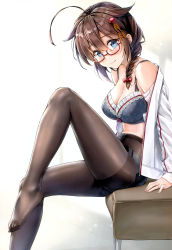 Rule 34 | 1girl, absurdres, arm support, bare shoulders, blue eyes, blush, bra, braid, breasts, brown hair, closed mouth, feet, fingernails, frills, glasses, hair flaps, hair ornament, highres, jacket, jewelry, kantai collection, koyuki (kotatsu358), long hair, long sleeves, looking at viewer, medium breasts, no shoes, off shoulder, open clothes, open jacket, panties, pantyhose, polka dot, polka dot bra, remodel (kantai collection), ribbon, ring, scan, shigure (kancolle), shiny clothes, simple background, sitting, underwear