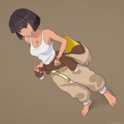 Rule 34 | 10s, 1girl, akagi (fmttps), artist name, bare shoulders, barefoot, breasts, brown background, brown hair, cleavage, closed mouth, clothes around waist, clothes pull, collarbone, commentary, dark-skinned female, dark skin, duck costume, duck hood, dutch angle, feet, female focus, full body, girls und panzer, green eyes, hoshino (girls und panzer), lips, long sleeves, mechanic, medium breasts, onesie, pajamas, shirt, shirt pull, short hair, simple background, solo, standing, tank top, tied shirt, toes, twitter username, tying, white shirt