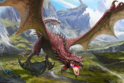 Rule 34 | absurdres, aircraft, animal, aptonoth, artist name, arvalis, blue eyes, blue scales, claws, cloud, dinosaur, dragon, dragon skull, fire, flying, forked tongue, glowing mouth, grass, highres, holding, holding animal, hot air balloon, monster, monster hunter (series), mountain, no humans, open mouth, rathalos, red scales, running, sharp teeth, slit pupils, spiked tail, spikes, spread wings, stream, tail, talons, teeth, tongue, valley, velocidrome, velociprey, water, wind, wyvern