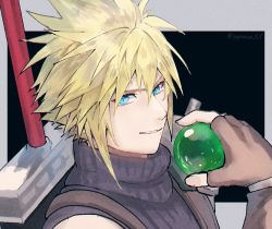 Rule 34 | 1boy, armor, black background, blonde hair, blue eyes, blue shirt, brown gloves, buster sword, cloud strife, final fantasy, final fantasy vii, final fantasy vii remake, fingerless gloves, gloves, hair between eyes, looking at viewer, male focus, materia, parted lips, rei (teponea121), shirt, short hair, shoulder armor, sleeveless, sleeveless turtleneck, smile, solo, spiked hair, suspenders, turtleneck, twitter username, upper body, weapon, weapon on back