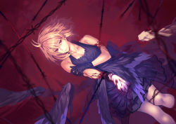 Rule 34 | 1girl, absurdres, alternate costume, antenna hair, arcueid brunestud, barbed wire, blonde hair, blood, bound, bound wrists, breasts, closed mouth, dress, feathered wings, feet out of frame, frilled dress, frills, frown, gloves, highres, hiro (hirohiro gorira), huge filesize, looking at viewer, medium breasts, purple dress, purple gloves, red background, red eyes, short hair, sleeveless, sleeveless dress, solo, tsukihime, tsurime, wings