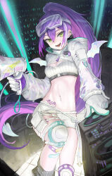 Rule 34 | 1girl, absurdres, bandaid, bandaid on leg, bandeau, belt, braid, braided bangs, breasts, buckle, character name, cleavage, commentary request, concert, demon tail, demon wings, ear piercing, fangs, french braid, gloves, glowstick, goggles, goggles on head, green eyes, highres, hip tattoo, holding, holding megaphone, hololive, hooded shrug, knee pads, laser, long hair, long sleeves, looking at viewer, loose socks, medium breasts, megaphone, melting tail, midriff, mito (dncs8244), multicolored hair, navel, navel piercing, official alternate costume, open mouth, phonograph, piercing, pink hair, ponytail, pouch, purple hair, ribbed bandeau, ribbon, see-through, see-through sleeves, short shorts, shorts, shrug (clothing), smile, snap-fit buckle, socks, solo, stomach, tail, tattoo, thigh belt, thigh pouch, thigh strap, tokoyami towa, tokoyami towa (5th costume), turntable, two-sided gloves, very long hair, virtual youtuber, white bandeau, white belt, white gloves, white ribbon, white shorts, white shrug, white tail, white wings, winged heart tattoo, wings, zipper pull tab