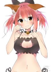Rule 34 | 1girl, animal ears, bad id, bad pixiv id, bell, neck bell, black bra, black panties, bra, breasts, cat cutout, cat ears, cat lingerie, choker, cleavage, cleavage cutout, clothing cutout, fate/grand order, fate (series), fox ears, frilled bra, frills, highres, jingle bell, large breasts, lingerie, meme attire, open-chest sweater, panties, paw print, pink hair, simple background, solo, sweater, tamamo (fate), tamamo no mae (fate/extra), underwear, underwear only, white background, xretakex, yellow eyes