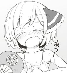 Rule 34 | circled 9, 1girl, chemise, d:, closed eyes, hand fan, fanning face, fanning self, flat chest, greyscale, hair ribbon, hot, jagabutter, monochrome, open mouth, paper fan, ribbon, rumia, short hair, solo, sweat, touhou, translated, uchiwa, upper body