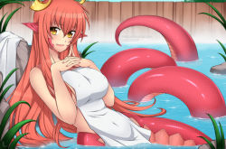 Rule 34 | 1girl, artist name, bathing, breasts, contrail, covered erect nipples, covered navel, covering privates, day, fang, hair between eyes, hair ornament, hairclip, lamia, large breasts, lindaroze, long hair, miia (monster musume), monster girl, monster musume no iru nichijou, navel, nude, nude cover, onsen, outdoors, own hands together, parted lips, partially submerged, pointy ears, red hair, redrawn, scales, slit pupils, smile, solo, tail, towel, water, watermark, web address, yellow eyes