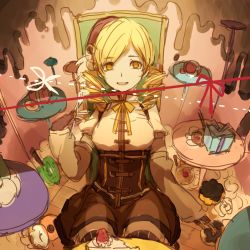 Rule 34 | 10s, 1girl, beret, blonde hair, box, brown thighhighs, cake, corset, detached sleeves, doughnut, drill hair, fingerless gloves, food, fork, fruit, gift, gift box, gloves, hair ornament, hairpin, hat, lemontea, looking at viewer, magical girl, mahou shoujo madoka magica, mahou shoujo madoka magica (anime), mami mogu mogu, pleated skirt, puffy sleeves, scissors, skirt, solo, strawberry, strawberry shortcake, striped clothes, striped thighhighs, thighhighs, tomoe mami, twin drills, twintails, vertical-striped clothes, vertical-striped thighhighs, witch&#039;s labyrinth, yellow eyes