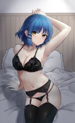 Rule 34 | 1girl, absurdres, armpits, arms up, bed sheet, black bra, black panties, black thighhighs, blue hair, blush, bocchi the rock!, bra, breasts, cleavage, closed mouth, collarbone, garter belt, hair ornament, hairclip, highres, large breasts, looking at viewer, mole, mole under eye, navel, on bed, panties, pillow, qualthis, see-through, short hair, sitting, solo, thighhighs, underwear, underwear only, yamada ryo, yellow eyes