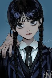 Rule 34 | 1girl, addams family, animification, bags under eyes, black eyes, black hair, black necktie, braid, disembodied hand, goth fashion, highres, jacket, long hair, long sleeves, looking at viewer, necktie, nevermore academy school uniform, pomu (joynet), school uniform, striped clothes, striped jacket, thing (addams family), twin braids, wednesday (netflix), wednesday addams