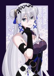 Rule 34 | 1girl, absurdres, aqua eyes, armpit crease, backless dress, backless outfit, breasts, character name, cleavage, cleavage cutout, clothing cutout, double bun, dress, elbow gloves, falling petals, gloves, grey hair, hair bun, hand on own chin, highres, long hair, looking at viewer, medium breasts, mole, mole under eye, nijisanji, nijisanji en, parted lips, petals, riallian, smile, solo, very long hair, victoria brightshield, virtual youtuber