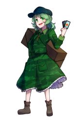 Rule 34 | 1girl, :d, boots, box, card, commentary, english commentary, eyes visible through hair, frilled skirt, frills, full body, green eyes, green hair, green shirt, green skirt, hand on own hip, hat, highres, holding, holding card, long sleeves, looking at viewer, open mouth, pouch, shirt, skirt, smile, solo, speckticuls, standing, touhou, transparent background, unconnected marketeers, yamashiro takane