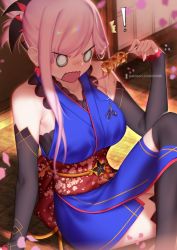 Rule 34 | !, 1girl, bare shoulders, black thighhighs, blue kimono, breasts, commentary, crossed legs, dango, detached sleeves, dmith, earrings, english commentary, fate/grand order, fate (series), food, food on body, food on breasts, food on clothes, hair between eyes, hair ornament, holding, holding food, japanese clothes, jewelry, kimono, large breasts, looking at viewer, miyamoto musashi (fate), miyamoto musashi (first ascension) (fate), obi, open mouth, patreon username, petals, pink hair, ponytail, sash, shadow, single sidelock, sitting, sleeveless, sleeveless kimono, solo, swept bangs, thighhighs, wagashi