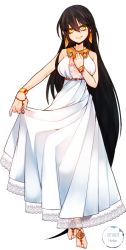 Rule 34 | 1girl, absurdly long hair, anklet, artist name, bare shoulders, barefoot, barefoot sandals (jewelry), black hair, bracelet, breasts, curtsey, dated, dress, earrings, full body, gold, hair between eyes, halter dress, halterneck, highres, hodan (cyzhfl), jewelry, lace, lace-trimmed dress, lace trim, large breasts, long hair, necklace, original, see-through, smile, solo, standing, underbust, very long hair, white background, white dress, yellow eyes