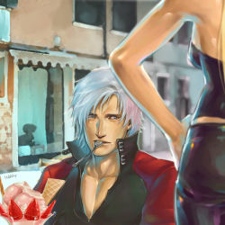 Rule 34 | 00s, 1boy, 1girl, artist name, blue eyes, blurry, capcom, dante (devil may cry), depth of field, devil may cry (series), food, food on face, fruit, hand on own hip, head out of frame, ice cream, leather, mouth hold, parfait, silver hair, spoon, strawberry, trish (devil may cry), wafer stick, wakky