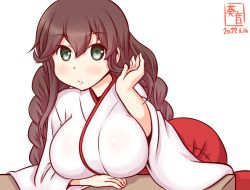 Rule 34 | alternate costume, artist logo, braid, breasts, brown hair, closed mouth, commentary request, dated, green eyes, hair between eyes, hakama, hakama skirt, japanese clothes, kanon (kurogane knights), kantai collection, large breasts, long hair, long sleeves, miko, noshiro (kancolle), one-hour drawing challenge, red hakama, simple background, skirt, solo, twin braids, white background, wide sleeves