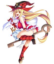 Rule 34 | 00s, 1girl, asahi, ass, bare legs, blonde hair, breasts, christmas, creature, dress, female focus, hat, highres, huge ass, huge breasts, legs, lilith-soft, long hair, looking at viewer, looking back, magical girl lilith, panties, pantyshot, pointy ears, smile, solo, taimanin (series), taimanin asagi, taimanin asagi kessen arena, thong, underwear, witch hat, yellow eyes