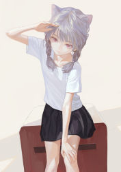 Rule 34 | 1girl, black skirt, braid, closed mouth, feiqizi (fkey), fkey, grey background, grey hair, hand up, head tilt, leaning forward, looking at viewer, miniskirt, original, pink eyes, pleated skirt, shading eyes, shirt, short sleeves, signature, simple background, sitting, skirt, solo, twin braids, white shirt