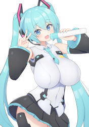 Rule 34 | 1girl, alternate breast size, black skirt, blue eyes, blue hair, blue nails, blue necktie, blush, breasts, collared shirt, covered navel, detached sleeves, doll joints, frame arms girl, hatsune miku, head tilt, headset, heart, highres, holding, holding microphone, joints, large breasts, looking at viewer, microphone, nail polish, necktie, shirt, skirt, subten, twintails, v, vocaloid, white shirt