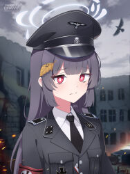 Rule 34 | 1girl, 3d background, black hair, black necktie, blue archive, blunt bangs, blurry, building, collared shirt, commentary, cross, depth of field, english commentary, halo, hat, highres, iron cross, long hair, long sleeves, looking at viewer, military uniform, miyu (blue archive), necktie, outdoors, peaked cap, red eyes, shirt, shizudraw, sidelocks, skyscraper, solo, uniform, waffen-ss, world war ii