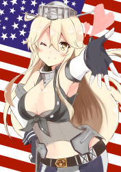 Rule 34 | 10s, 1girl, absurdres, american flag, belt, blonde hair, blue eyes, breasts, cleavage, elbow gloves, front-tie top, gloves, hand on own hip, headgear, heart, highres, iowa (kancolle), kantai collection, large breasts, long hair, looking at viewer, midriff, one eye closed, outstretched hand, shibakame, shibakame (917narto8537), skirt, smile, solo, star-shaped pupils, star (symbol), symbol-shaped pupils, underbust, white gloves