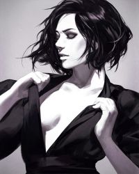 Rule 34 | 1girl, breasts, collarbone, closed eyes, greyscale, guweiz, monochrome, no bra, open clothes, open shirt, original, parted lips, realistic, shirt, short hair, short sleeves, small breasts, smile, solo, undressing, upper body