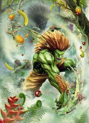 Rule 34 | absurdres, angry, anklet, banana, blanka, blue eyes, capcom, chain, chest hair, colored skin, food, fruit, grapes, green skin, highres, jaguar, jewelry, jungle, loris, male focus, mango, muscular, nature, official art, orange hair, plant, shorts, snake, street fighter, street fighter x tekken, tarsier, tekken, tomato, tree