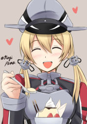 Rule 34 | 10s, 1girl, anchor hair ornament, blonde hair, blush, breasts, closed eyes, food, fuuma nagi, hair ornament, hat, heart, kantai collection, long hair, military, military uniform, open mouth, peaked cap, prinz eugen (kancolle), pudding, simple background, smile, solo, spoon, twintails, twitter username, uniform