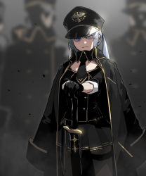 Rule 34 | 1girl, absurdres, black gloves, black headwear, black neckwear, black skirt, blurry, blurry background, cape, closed mouth, collar, collared shirt, frown, gloves, gogalking, grey eyes, grey hair, hair between eyes, hat, highres, long hair, long sleeves, looking at viewer, military, military hat, military uniform, necktie, open clothes, original, portia (gogalking), sheath, sheathed, shirt, sidelocks, skirt, solo focus, standing, sword, twintails, uniform, weapon